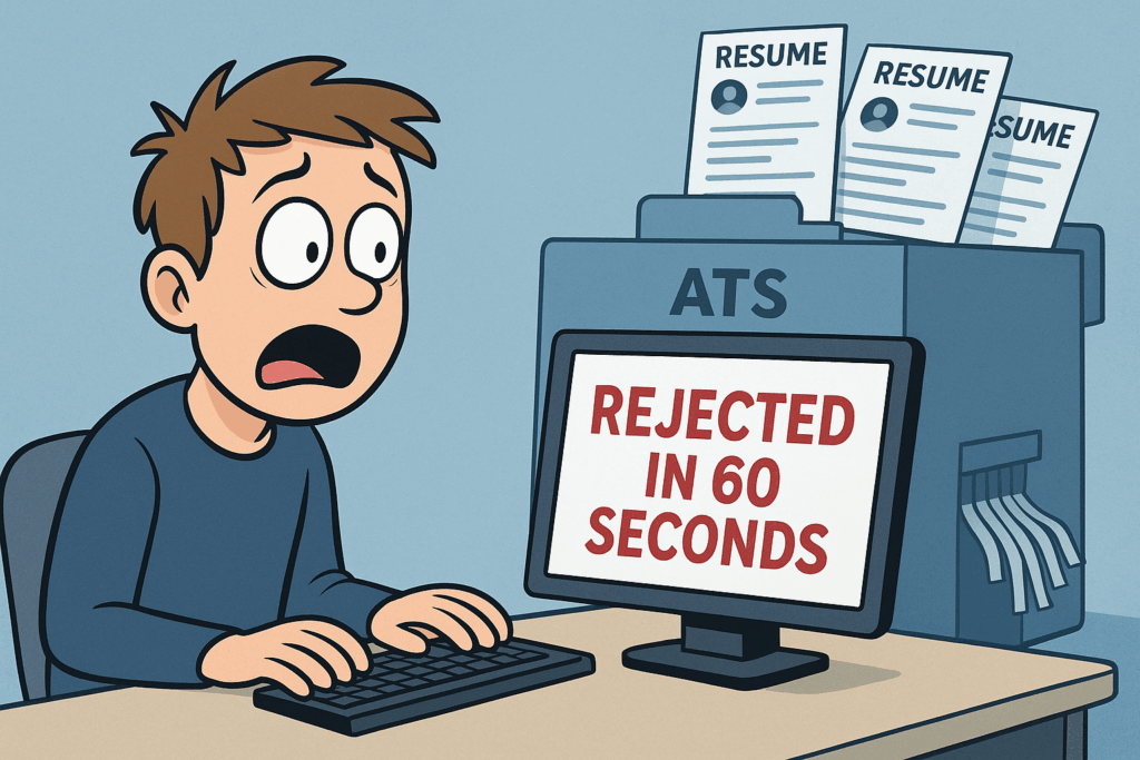 Why Your Resume Gets Rejected in 60 Seconds: Brutal Truths They Don't Want You to Know 3 Cartoon of a shocked job seeker facing resume rejection in 60 seconds by an application tracking system, highlighting ATS-friendly resume importance.