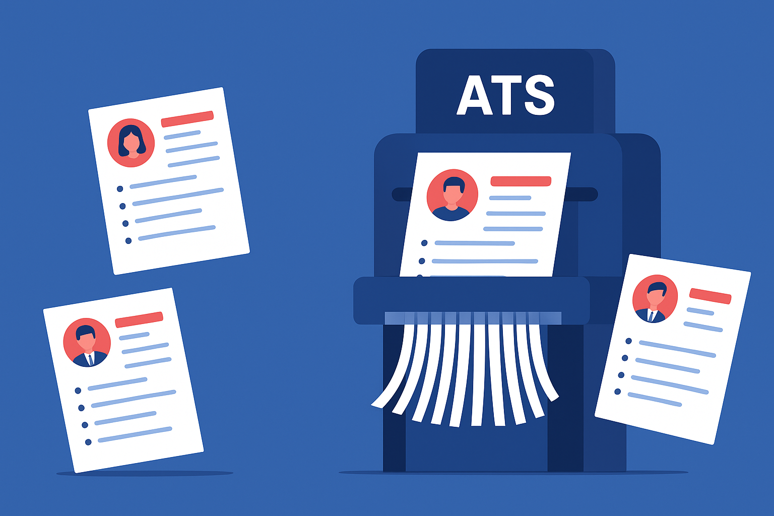 Why Your Resume Gets Rejected in 60 Seconds: Brutal Truths They Don't Want You to Know 1 ATS RESUME. Illustration of resumes being shredded by an application tracking system, showing resume rejection versus successful ATS-friendly resumes.