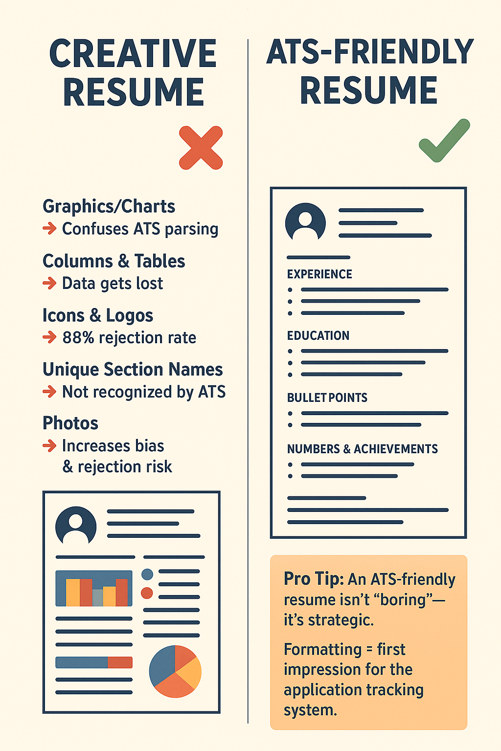 Why Your Resume Gets Rejected in 60 Seconds: Brutal Truths They Don't Want You to Know 4 Infographic comparing resume formatting: creative resume with icons rejected, simple ATS-friendly resume with clean layout accepted.