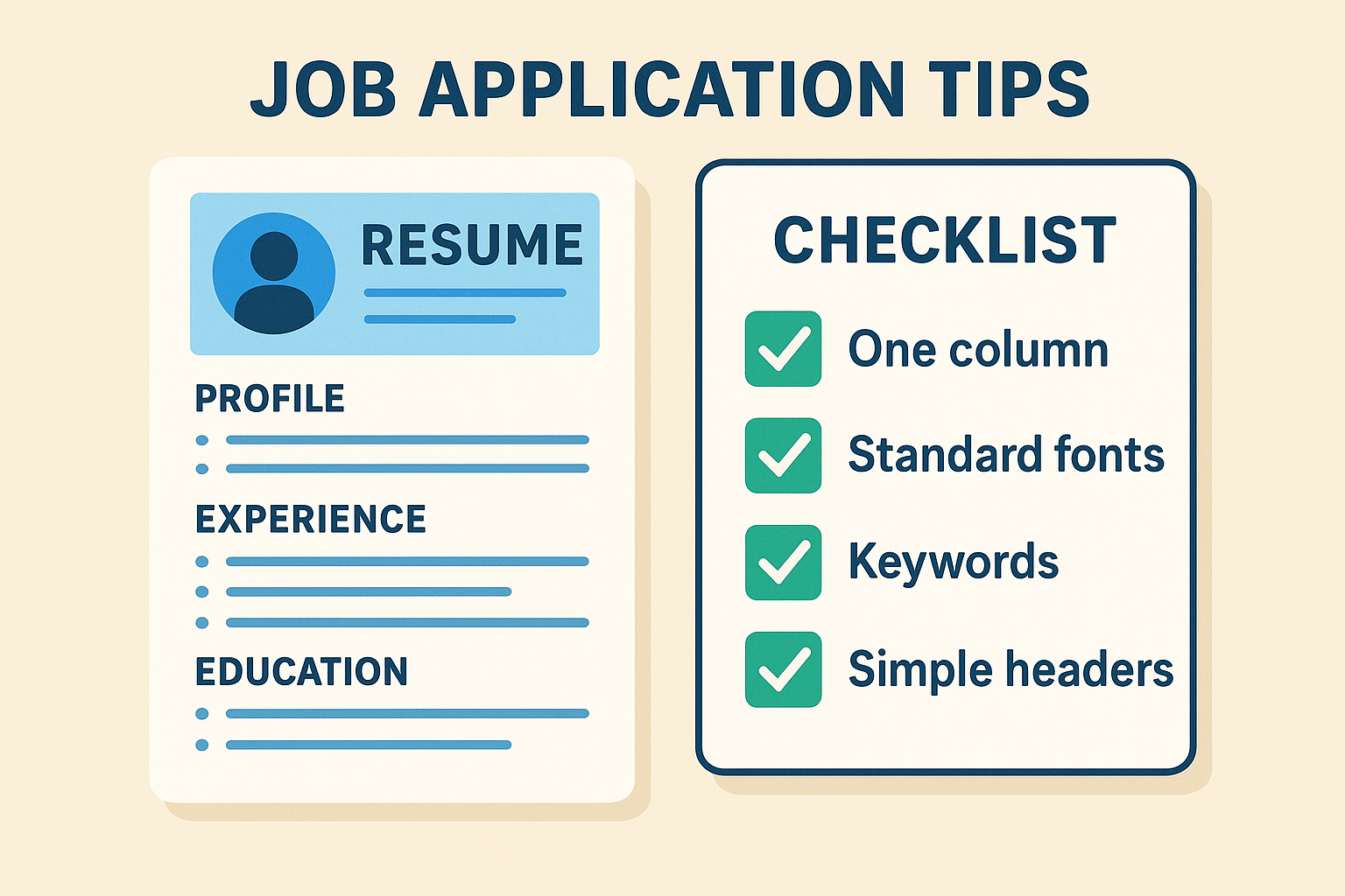 Why Your Resume Gets Rejected in 60 Seconds: Brutal Truths They Don't Want You to Know 6 Infographic checklist for ATS-friendly resume with ticks on resume formatting essentials like one column, standard fonts, keywords, and simple headers for job application tips.