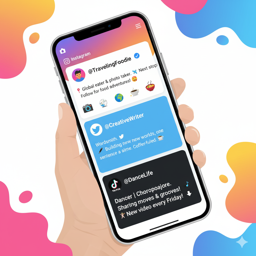 Short Bio Examples & Templates for Professionals, Students, LinkedIn & Resumes 7 A colorful image of a smartphone screen showing social media bio examples for Instagram, Twitter, and TikTok. Includes emojis like coffee cup, camera, and airplane. Fun and easy to read
