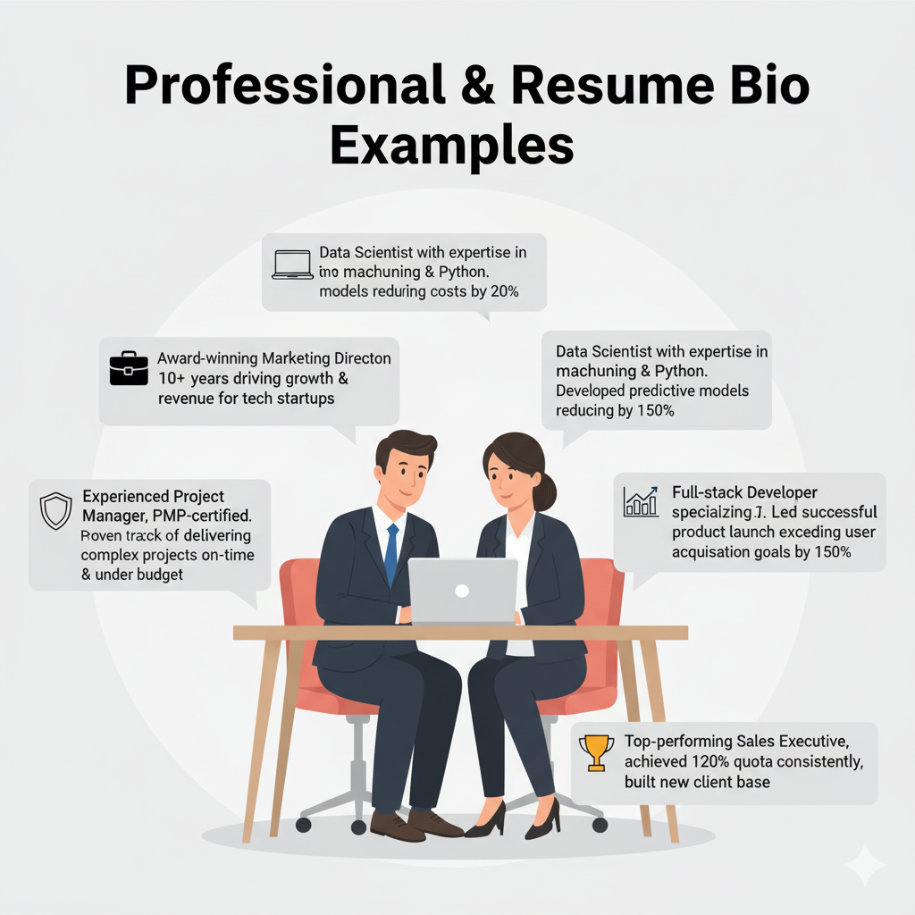 Short Bio Examples & Templates for Professionals, Students, LinkedIn & Resumes 6 A clean image of a professional sharing a short resume bio example with skills, experience, and achievements. Includes icons like briefcase, charts, awards, and skill badges. Modern and easy-to-read style