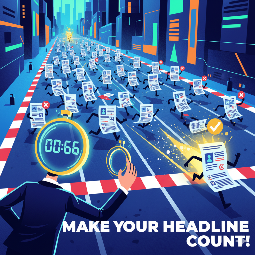 Resume Headline Examples for Entry Level, Freshers and Experienced 2026 1 An illustration of a surreal race where resumes with legs run down a city street. One winning resume has a checkmark, highlighting the importance of an impactful resume headline example. The image includes the text, "MAKE YOUR HEADLINE COUNT!", and is relevant for topics like resume headline for freshers and resume headline for professional.