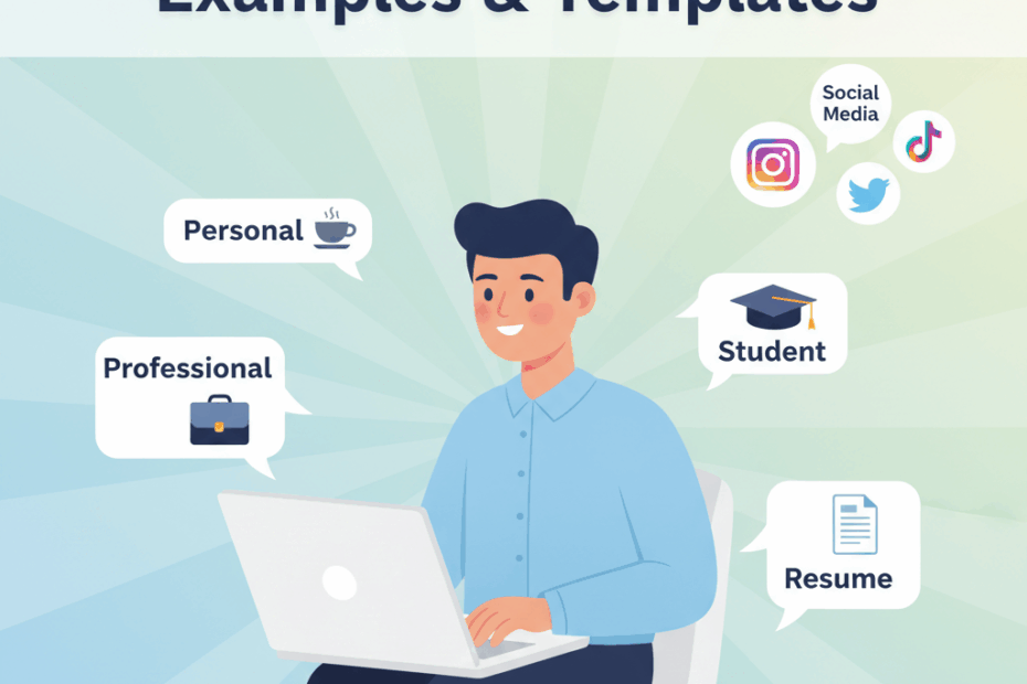 Short Bio Examples & Templates for Professionals, Students, LinkedIn & Resumes 2 A person typing on a laptop with floating text showing different short bio examples, including personal, professional, student, resume, and social media bios. Bright and friendly style.