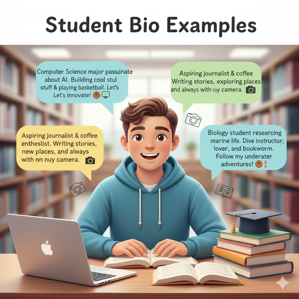 Short Bio Examples & Templates for Professionals, Students, LinkedIn & Resumes 5 Purpose: Highlight formal, achievement-focused resume or professional bios.
Requirements:
Size: 1000×1000 px
Layout: Professional person at desk or computer with floating text snippets of resume/professional bios
Icons: Briefcase, charts, awards, skill badges
Style: Modern, clean, minimalistic, business-oriented
Text snippets: Short resume/professional bio examples with achievements, skills, and experience
Prompt:
"A clean, professional infographic showing a person at a desk with floating text snippets of resume and professional bio examples. Include icons for briefcase, charts, awards, and skill badges. Text shows skills, experience, and achievements. Modern, minimalistic, business-oriented, easy-to-read layout suitable for blog or Medium post."