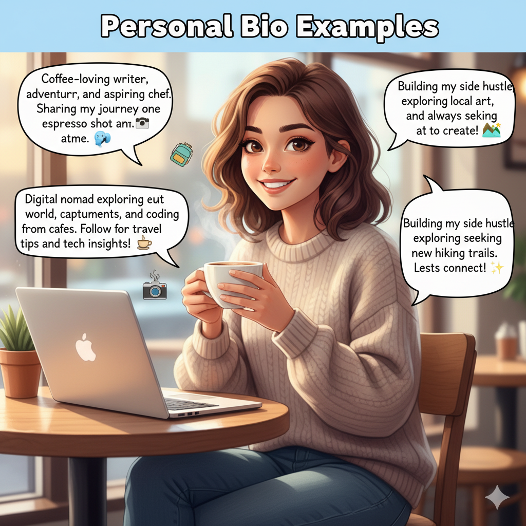 Short Bio Examples & Templates for Professionals, Students, LinkedIn & Resumes 3 A cheerful illustration of someone sharing a personal bio example on social media, with icons like coffee cup, camera, and travel backpack. Fun and friendly style.